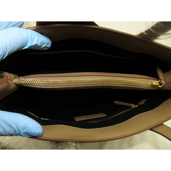 $1790 BURBERRY MD BANNER CAMEL TAN LEATHER CHECK LOGO SHOULDER MEDIUM TOTE BAG - Picture 10 of 13